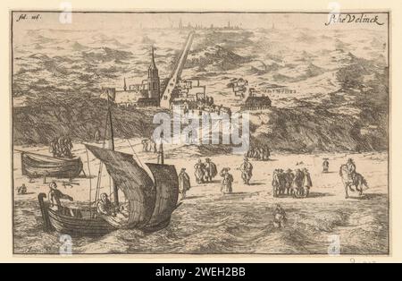 Vue de Scheveningen depuis Zee, Cornelis Elandts, 1668 - 1700 imprimer vue de Scheveningen depuis la mer du Nord. Un navire et deux personnes armées dans la mer. Marcheurs et un cavalier sur la plage. Un chemin mène de la plage au village de Scheveningen et le droit Scheveningen Zeestraat (Scheveningseweg) traverse le paysage de dunes jusqu'à la ville de la Haye, visiblement sur l'Horizon. Marqué à la main en haut à gauche : fol. 106. perspective de gravure de papier du village, silhouette du village. perspective de ville, panorama de ville, silhouette de ville. voilier, voilier. plage (+ paysage avec figures, personnel) Banque D'Images