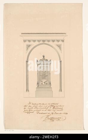 Monument funéraire de Johannes Christiaan Schotel, Hendrikus Pennock, 1839 impression image architecturale du monument dans la Grote Kerk à Dordrecht. La tombe est sur un piédestal et est décorée avec une liste d'œufs, volutes et un tour de tombe. Attributs de peintre peint, instruments nautiques, branches de baie et chevalerie. L'ensemble est placé sous un arc pointu et est flanqué de deux colonnes. tombe en papier, tombe. palette. Ordre de chevalerie grand ou Église notre-Dame Banque D'Images