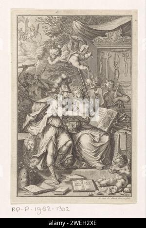 Performance allégorique avec chirurgie et Minerva, 1731 print la chirurgie porte une tulipe dans un pot et un livre avec une image du frère Jacques (frère Jacques de Beaulieu) et sort NEC Stirpi Gloria Desit. Minerva est assise à côté d'elle et l'embrasse. À droite, une femme à l'arme couronnée d'Amsterdam. Au sommet, un putto avec lance et sablier mouche comme personnification du temps et chasse l'envie. En arrière-plan Apollon et Pégase sur le mont Parnassus. Il y a des livres au premier plan et est un putto avec des pierres de vessie. Gravure sur papier 'Medicina', représentations allégoriques  médecine ; 'Medicina' (Ripa Banque D'Images