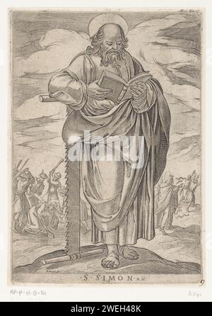De Heilige Simon, Antonio Tempesta, 1565 - 1630 imprimer Saint Simon avec scie et livre. Simon est scié en deux en arrière-plan à gauche. En arrière-plan à droite, Simon Snangen contrôle ses persécuteurs. Papier gravure de l'apôtre Simon Zelotes (ou Simon le Cananéen) ; attributs possibles : livre, scie, défilement. Martyre et mort de Simon Zelotes : il est scié en deux, ou battu à mort. Vie et actes de Simon Zelotes Banque D'Images