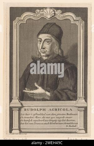 Portrait de Rudolf Agricola, Adolf van der Laan, c. 1716 - 1742 tirage Portrait de Rudolf Agricola dans un cadre rectangulaire orné. Dans un cadre sont le nom et quatre lignes de texte néerlandais. gravure sur papier Banque D'Images