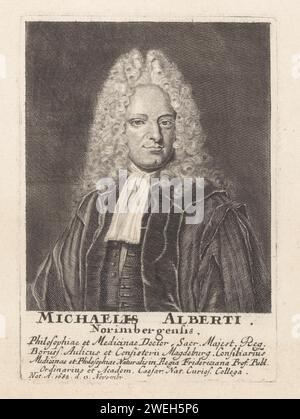 Portrait van Michael Alberti, Wolfgang Philipp Kilian, 1710 - 1732 tirage Portrait de Michael Alberti. Dans la marge inférieure, son lieu de naissance, quatre lignes de texte latin et sa date de naissance. gravure sur papier Banque D'Images