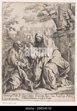 Heilige Familie, Pietro Paolo Petrucci, d'après Lazzaro Baldi, 1700 - 1799 imprimer Marie et Joseph avec l'enfant Christ, assis parmi les ruines de bâtiments anciens. Affectation dans la marge inférieure. Gravure sur papier Sainte famille (seule), 'Trinitas terrestriss'. paysage avec ruines Banque D'Images