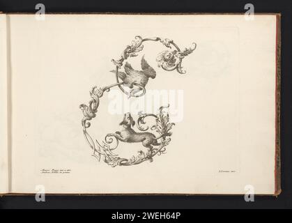 ONALLY LETTRE E, Lorenzo Lorenzi, d'après Mauro Poggi, d'après Andrea Bimbi, 1745 - 1765 print lettre ornementale E, décorée d'un oiseau et d'un chien. L'impression fait partie d'un album. gravure sur papier / gravure de lettres, alphabet, script. lettres fantaisie Banque D'Images