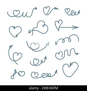Vecteur flèches coeurs défini dans le style d'esquisse. valentine dessinée à la main, symbole de direction Illustration de Vecteur