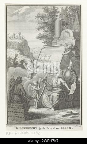 Performance allégorique avec espoir, Femme avec Lier et Faith Iron, Jan Caspar Philips, 1755 impression espoir avec ancre se trouve sur une pierre avec titre de livre en face d'une image de la montagne Golgota tenue par putti. L'image a une femme avec des treuils et des ailes à la tête. A côté d'elle sont un putto avec harpe et ennuis. En arrière-plan l'Ascension du Christ. Gravure sur papier Hope, 'Spes' ; 'Speranza divina e certa' (Ripa)  une des trois vertus théologiques. Foi, 'Fidess' ; 'FEDE', 'FEDE catholica', 'FEDE christiana', 'FEDE christiana catholica' (Ripa)  une des trois vertus théologiques. lyr Banque D'Images