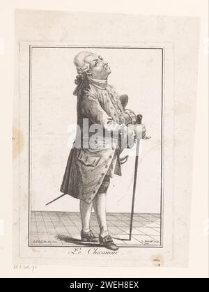 Seigneur avec bâton de marche sur un sol carrelé, Robert Brichet, d'après Joseph Franz Freiherr von Goez, 1784 estampe Seigneur avec un clin d'oeil à la queue, son chapeau sous le bras droit, vêtu d'un pardessus, pantalon de genou, bas et chaussures avec boucles, debout à droite. Dans sa main droite, il tient un long bâton de marche avec un bouton. Il leva le menton et leva les yeux. gravure de papier homme adulte. perruque. bâton de marche, personnel Banque D'Images