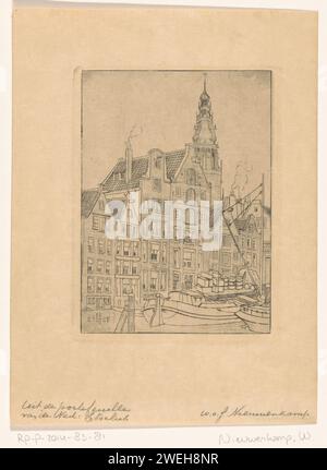 Damrak à Amsterdam, 1884 - 1950 impression au premier plan des navires de fret. En arrière-plan la tour de la vieille église. papier gravure canaux, eaux (en ville). Parties de l'extérieur de l'église et annexes : tour Damrak. Vieille église Banque D'Images