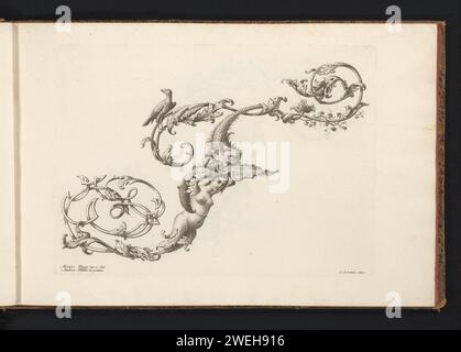 PORTÉE ONNALLY F, Lorenzo Lorenzi, d'après Mauro Poggi, d'après Andrea Bimbi, 1745 - 1765 print lettre ornementale F, décorée d'un oiseau, d'un poisson et d'une figure féminine ailée. L'impression fait partie d'un album. gravure sur papier / gravure de lettres, alphabet, script. lettres fantaisie Banque D'Images