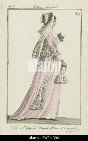 Journal des dames et de la mode, costume parisien, 3 juillet 1798, année 6, (47) : voile à l'Iphigénie (...), femme de 1798, marchant vers la droite, avec un voile à l'Iphigénie. Elle porte un petit manteau d'épaule blanc sur une robe avec un câble. Dans la main droite un sac ou «sac» avec devise. Autres accessoires : fleur en relief, gant, chaussure plate avec nez pointu. Selon la légende, cette performance est animée sur les 'champs Élysées'. Le tirage fait partie du magazine de mode Journal des Dames et des modes, publié par Sellèque, Paris, 1797-1839. robe de gravure en papier, robe (+ femmes Banque D'Images