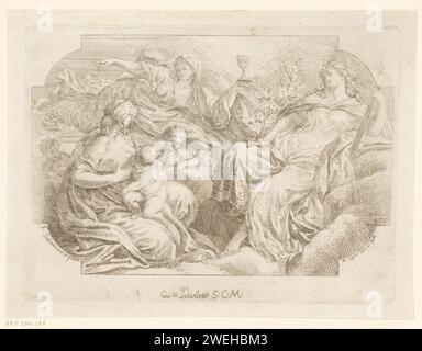 Personnifications féminines de trois vertus divines, Martin Speer, d’après Francesco Solimena, 1712 - 1765 imprimer Amour (Caritas), foi (Fides) et espérance (Spes) sur une fête nuageuse. Papier mordant les trois vertus théologiques Banque D'Images