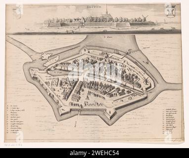 Carte de Sloten avec paysage urbain, Jacob van Meurs (possible), 1664 imprimer en haut un paysage urbain de fossés avec l'arme de Frise et à droite sur la gauche. Ci-dessous une carte de la ville en quelques mots. Légende gauche et en bas à droite. gravure sur papier / gravure de cartes des villes. vue sur la ville et paysage avec constructions artificielles. Armoiries (symbole de l'état, etc.) Frise. Serrures Banque D'Images