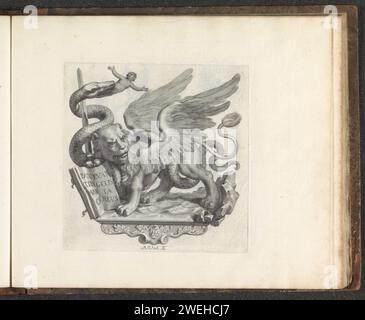 Allégorie de la bataille entre Venise et Milan, Robert van Audenaerd, 1673 - 1743 impression sur une console est le lion ailé de Saint-Marc. Un biscione, un dragon ou un serpent froisse un homme autour de son épée. Il s'agit de l'arme des Visconti, la famille noble italienne que Milan contrôlait. L'impression fait partie d'un album. Gravure de papier lion (éventuellement avec livre)  symbole de Saint-Marc. Serpents Milan. Venise Banque D'Images