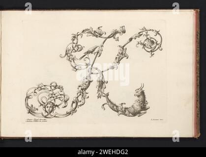 ONALLY LIBRE LETTRE K, Lorenzo Lorenzi, d'après Mauro Poggi, d'après Andrea Bimbi, 1745 - 1765 print lettre ornementale K, décorée d'un masque, d'un oiseau et d'une chèvre avec une queue de poisson. L'impression fait partie d'un album. gravure sur papier / gravure de lettres, alphabet, script. lettres fantaisie Banque D'Images