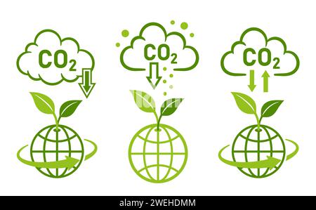 CO2 réduction des émissions de dioxyde de carbone, réduction globale, recyclage des gaz à effet de serre carbonique icône. Faible pollution atmosphérique due aux nuages de fumée. Technologie écologique. Vecteur Illustration de Vecteur