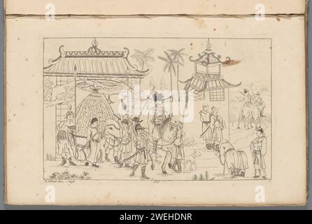 un prince chinois passe par une porte en procession, 1727 - 1775 imprimer Un prince ou un gentleman chinois passe à cheval en procession par une porte. Un éléphant est porté derrière lui. Sur la droite, les gens se plient pour l'homme à cheval. Au milieu de numéroté : 6. L'impression fait partie d'un album. Gravure de papier chinois. Animaux à ressources partagées : éléphant. Entrée triomphale et réception publique, concours, 'entrée solennelle', 'entrée joyeuse' Banque D'Images