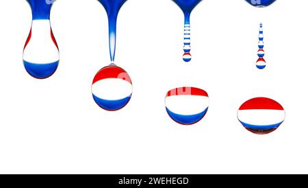 macro plan d'une goutte d'eau qui coule, le drapeau national des pays-bas se reflète dans la goutte Banque D'Images