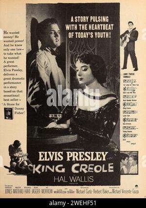 Elvis Presley, Carolyn Jones, Walter Matthau - publicité créole roi - écran moderne, août 1958 Banque D'Images