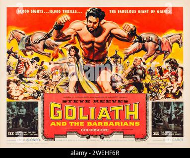 Steve Reeves dans Goliath and the Barbarians (American International, 1959). Affiche de film américain vintage Banque D'Images