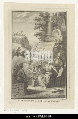 Performance allégorique avec espoir, Femme avec Lier et Faith Iron, Jan Caspar Philips, 1755 impression espoir avec ancre se trouve sur une pierre avec titre de livre en face d'une image de la montagne Golgota tenue par putti. L'image a une femme avec des treuils et des ailes à la tête. A côté d'elle sont un putto avec harpe et ennuis. En arrière-plan l'Ascension du Christ. Gravure sur papier Hope, 'Spes' ; 'Speranza divina e certa' (Ripa)  une des trois vertus théologiques. Foi, 'Fidess' ; 'FEDE', 'FEDE catholica', 'FEDE christiana', 'FEDE christiana catholica' (Ripa)  une des trois vertus théologiques. lyr Banque D'Images