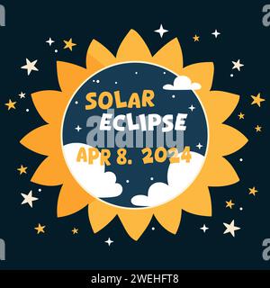 Bannière dessinée à la main éclipse solaire 8 avril 2024. Conception vectorielle avec soleil, nuages et étoiles sur fond sombre. Illustration de Vecteur
