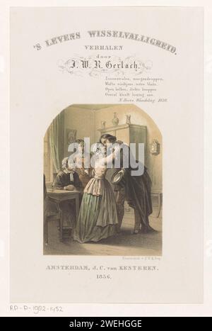 Embrassant la femme et l'homme, 1856 print Un homme et une femme plus âgée s'embrassent. Sur la gauche regardez une vieille femme assise et une jeune femme au couple. papier s'embrassant, s'embrassant Banque D'Images
