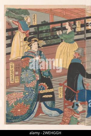 Étrangers pendant un gelag à boire dans la maison de thé Gankiro, Utagawa Yoshiiku, 1860 imprimer feuille gauche du triptyque. jardin de thé de papier, restaurant de jardin. boire Banque D'Images