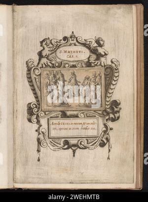 Montagne de Mount, monogrammiste HSD, d'après Pieter van der Borcht (i), c. 1570 - c. 1610 imprimer Christ prêche sur la montagne. Partie d'un album de Prentalbum avec l'impression de titre et 56 scènes du Nouveau Testament. Chaque représentation est montée dans une gravure avec des cartouches ornementales dans lesquelles une fenêtre est découpée et munie de passages bibliques manuscrits. Papier gravant le sermon du Christ sur la montagne (Matthieu 5-7) Banque D'Images
