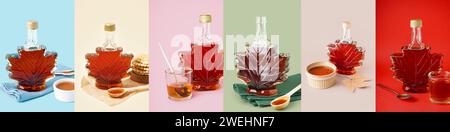 Collage de bouteilles avec sirop d'érable savoureux sur fond de couleur Banque D'Images