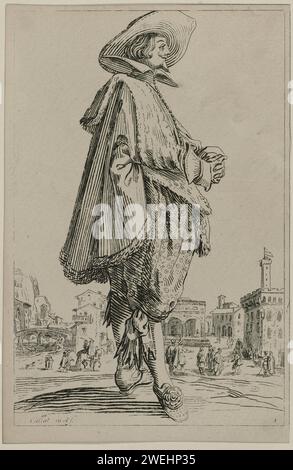 Edelman avec chapeau, mains pliées, à droite, 1700 - 1799 imprimer Homme debout, à droite, vêtu d'une cape garnie de fourrure, chaussures avec rosettes aux pieds, un chapeau avec un large bord sur la tête, plié les mains devant le ventre. En arrière-plan une place de la ville le long de laquelle coule une rivière. Copie tardive du no. 1 de la noblesse de Lorraine : série de 12 estampes avec des nobles en costumes portés en Lorraine dans le premier quart du 17e siècle. vêtements de gravure en papier, costume (+ vêtements pour hommes). Vêtements pour la partie supérieure du corps (DOUBLET) (+ vêtements pour hommes). pantalons, culottes, et Banque D'Images