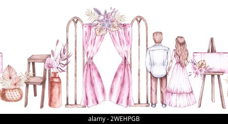 Motif de mariage horizontal aquarelle avec jeunes mariés et arc de mariage et accessoires dans des tons pastel dans le style Boho. Patron de mariage Bohemian pour le Banque D'Images