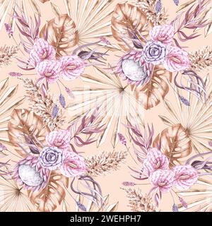 Motif tropical aquarelle avec des feuilles de palmier sèches et des fleurs dans des tons pastel dans le style Boho. Motif bohème avec des plantes tropicales pour la conception de f Banque D'Images