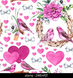 Aquarelle motif Saint Valentin avec bouquets de fleurs, oiseaux et fleurs isolé sur blanc. Modèle d'amour avec des coeurs et des oiseaux pour la conception de Banque D'Images