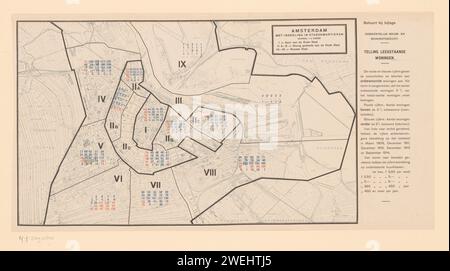 Reproduction d'une carte d'Amsterdam avec le comptage des maisons vacantes de la ville, Anonyme, en ou après 1914 impression photomécanique sur la droite une légende. Cartes de photolithographie papier des villes Amsterdam Banque D'Images