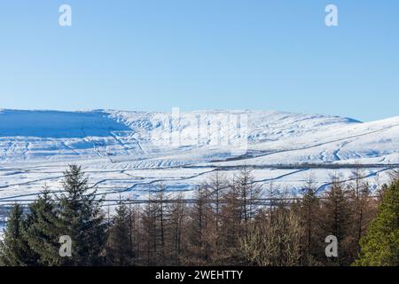 Une vue imprenable sur le Yorkshire Dales National Park en Angleterre par une belle journée hivernale avec beaucoup de neige sur les collines et quelques arbres en vue. Banque D'Images