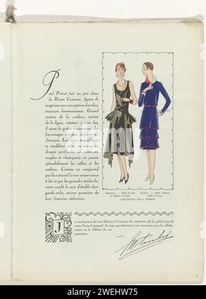 Art - goût - Beauté, draps d'élégance féminine, Noël 1928, n ° 100, 9e année, p. 37, Anonyme, magazine 1928 texte avec une image de deux robes de Paul Poiret. A gauche : Robe de soirée de Black Tafzijde et Lamé. Collier long. Droite : Robe de serge bleu après-midi avec passepoil rouge. Poignets avec motif floral. Écharpe bicolore autour du cou. Page du magazine de mode Art-Goût-Beauté (1920-1933). assiettes de mode pour brosses en papier. robe, robe : robe de soirée (+ vêtements pour femmes). robe, robe : robe de jour (+ vêtements pour femmes). collier (+ vêtements pour femmes). Vêtements pour la partie supérieure du corps (CHÂLE) Banque D'Images