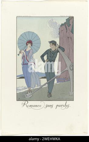 Joie de vivre : Falbalas et Fanfrelaches, George Barbier, magazine 1923 Un marin, appuyé contre une ancre sur la plage, regarde une jeune femme avec un parapluie. Elle est vêtue d'une robe avec manches et superposition de voile transparent. Un capuchon sur la tête. Tirage de la série Falbalas & Fanfreluches (1922-1926). assiettes de mode en papier. marin. parties de l'extérieur du navire : ancre. plage (comme lieu de loisirs). parasol, parasol (+ vêtements pour femmes). robe, robe (+ vêtements pour femmes). casque : casquette (+ vêtements pour femmes) Banque D'Images