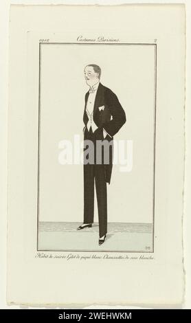 Journal des dames et de la mode, 1912, costumes parisiens, no. 2 : habit du soir (...), Bernard Boutet de Monvel, magazine 1912 Homme en tenue de soirée. plaques de mode gravées en papier. Ensembles de vêtements (ROBE DE SOIRÉE) (+ vêtements pour hommes). Banque D'Images