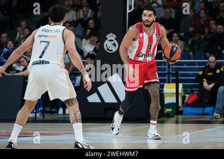 Madrid, Espagne. 25 janvier 2024. Mitrou long Naz de l'Olympiacos Piraeus lors du match de Turkish Airlines Euroleague entre le Real Madrid et l'Olympiacos Piraeus à WiZink le 25 janvier 2024 à Madrid, Espagne. (Photo Oscar Gonzalez/Sipa USA) (photo Oscar Gonzalez/Sipa USA) crédit : SIPA USA/Alamy Live News Banque D'Images