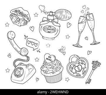 Ensemble vectoriel d'illustrations mignonnes de Saint-Valentin. Doodle croquis d'objets romantiques. Page de coloriage Illustration de Vecteur