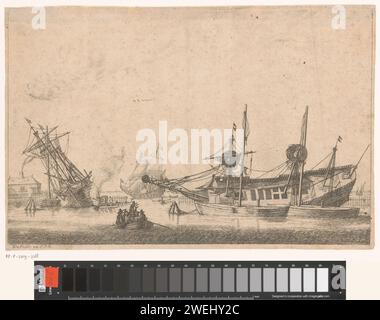 Two Called Sailing Ships, Anonymous, après Reinier Nooms, 1636 - 1696 imprimer copie en image miroir. Une cour avec deux bases qu'un grand voilier Kielen, un navire tenu avec des hommes travaillant sur l'imperméabilisation de la coque et un bateau à rames avec un certain nombre de personnes en elle. Un certain nombre de voiliers sur l'eau à l'extérieur du brise-roche. Navires de gravure de papier (en général) - CC - plus d'un navire. naufrage (mouvement dans l'eau) Banque D'Images