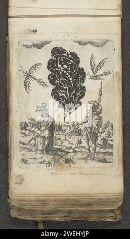 Ornement noir en forme de feuille de chêne, 1619 impression ornement noir en forme de feuille de chêne, flanqué de deux insectes ailés. En dessous de cela un paysage avec Minerve et Mars. Au milieu de V. de print numéroté fait partie d'un album. Ornements de gravure sur papier  art. (histoire de) Minerve (Pallas, Athéna). (Histoire de) Mars (Ares). insectes Banque D'Images