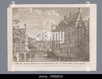 Vue sur Oudezijds Heerenlogement et St. Pietersgasthuis à Amsterdam, Anonyme, 1726 face imprimée du Grimburgwal vue dans une direction est. A gauche Oudezijds Voorburgwal, au milieu le Gasthuispoort et à droite les Oudezijds Herenlogement et Soldatengasthuis. gravure sur papier hôtel, hôtellerie, auberge. pont en ville à travers la rivière, canal, etc. bateau à rames, canoë, etc Oudezijds Heerenlogement. Saint-Pietersgasthuis (Amsterdam) Banque D'Images