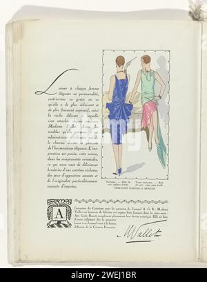 Art - goût - Beauté, draps d'élégance féminine, Noël 1928, n ° 100, 9e année, p. 32, Anonyme, magazine 1928 texte avec une image de deux femmes, dont l'une vue au dos et avec pipe à cigarette à la main, vêtue de robes de soirée par Martial & Armand. Gauche : Robe de soirée bleue en taf brun côté. Droite : Robe de soirée brodée 'crêpe satin'. Page du magazine de mode Art-Goût-Beauté (1920-1933). papier. peignez (enduction) des plaques de mode au pinceau. robe, robe : robe de soirée (+ vêtements pour femmes). tube à cigarettes, porte-cigarettes. collier (+ vêtements pour femmes). bracelet, bracelet (+ wom Banque D'Images