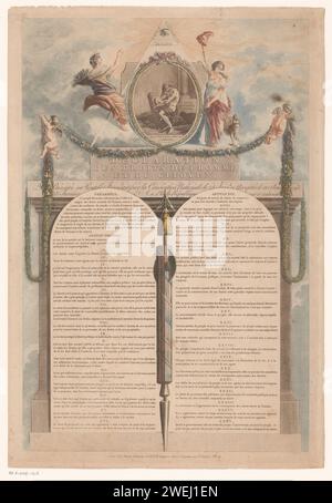 Déclaration des droits de l'homme et du citoyen, Jean Leroy, Laurent Guyot, 1793 impriment deux tablettes de pierre avec les droits de l'homme et du citoyen. Au sommet deux putti avec guirlandes et dans un ovale une image d'Hercule, flanquée des figures allégoriques Eendracht (Concordia) et vigilance (Vigilantia). Papier gravure / brosse le citoyen et ses droits. Accord, unité ; 'Concordia', 'Concordia inégalé', 'Concordia militaire', 'Concordia di Pace', 'Union civile' (Ripa). Vigilance, vigilance ; 'Garde', 'supervision', 'supervision pour se défendre et s'opposer aux autres' (RIPA) (+ représentation symbolique Banque D'Images