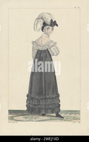 Incroyable et merveilleux, 1815, merveilleux, pl. V, Kopie naar n° 24, 1955 'merveilleuse', vue au dos, avec un chapeau de velours orné d'autruches sur la tête. Ci-dessous une 'Cornette' de Tulle. Elle porte un jaron de velours, orné de franges en bas. Col avec volants et bande plissée avec ourlet dentelé. L'estampe est une copie du n° 24 de la série 'incroyables et merveilleusess', Paris, 1810-1818. (Peut-être de Roger-Armand refuse, 1955). plaques de mode gravées en papier. 'merveilleuse'. Casque (CORNETTE) (+ vêtements pour femmes). casque : chapeau (+ vêtements pour femmes). habille-toi, gow Banque D'Images