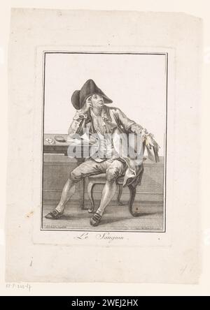 Jeune homme assis derrière un bureau, Robert Brichet, d'après Joseph Franz Freiherr von Goez, 1784 imprimer Un homme avec un point sur la tête, vêtu d'une veste, d'un pantalon de genou et de chaussures à boucles, assis dans un intérieur à une table avec une lettre et une boîte dessus. Il soutient son coude droit et lève les yeux. tempérament sanguin de gravure du papier. jeunesse, adolescent. bureau, bureau. casque : bicorne, bicorne Banque D'Images