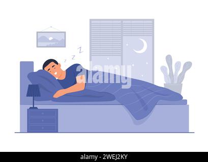 Homme snoring tout en dormant au lit la nuit Illustration de Vecteur