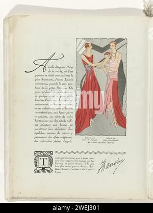 Art - goût - Beauté, draps d'élégance féminine, Noël 1928, n ° 100, 9e année, p. 30, Anonyme, magazine 1928 texte avec une image de deux femmes en robe de soirée par Jeanne Lanvin. A gauche : Robe de soirée rouge de Moire et diamants. Droite : Robe de soirée rose de 'Crêpe Satin dégradé'. Page du magazine de mode Art-Goût-Beauté (1920-1933). assiettes de mode pour brosses en papier. robe, robe : robe de soirée (+ vêtements pour femmes). collier (+ vêtements pour femmes). bracelet, bracelet (+ vêtements pour femmes) Banque D'Images