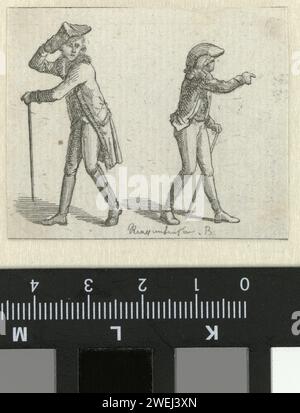 Habillemens de Leipsic. 1785 - 1786 : deux hommes avec canne, c. 1785 - c. 1786 Homme habillé sur un devant, garni de fourrure. L'homme de droite porte une veste courte. Les deux ont un chapeau sur la tête, un bâton de marche et des bottes sur les pieds dans la main gauche. L'estampe fait partie d'un Almanak, Habillemens de Leipzig, ca. 1785-1786. pantalons de gravure en papier, culottes (+ vêtements pour hommes). casque : chapeau (+ vêtements pour hommes). chaussures, sandales (+ vêtements pour hommes). assiettes mode. Manteau (FRAC) (+ vêtements pour hommes). bâton de marche, staff, canne (+ vêtements pour hommes) Banque D'Images